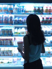 Wall Mural - A woman is standing in front of a dairy case in a store. She is holding a cup and looking at the products