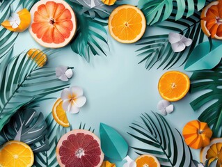 Poster - A colorful fruit arrangement with a blue background. The fruit includes oranges, grapefruit, and a few apples. The arrangement is vibrant and lively