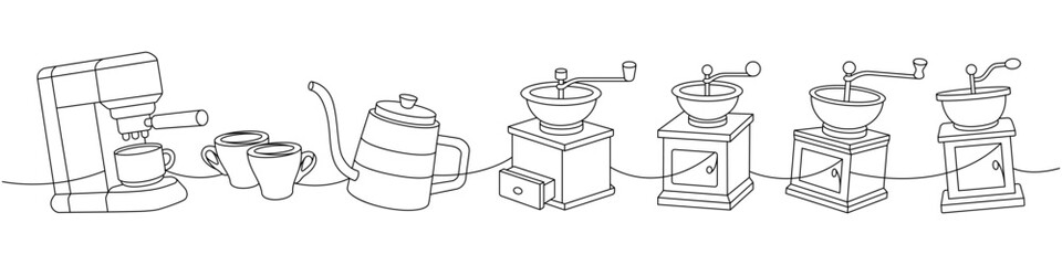 Wall Mural - Coffee shop set one line continuous drawing. Coffee machine, espresso cups, gooseneck kettle, coffee grinders continuous one line illustration.