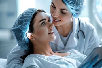 Wall Mural - Two women in white coats are sitting next to a woman in a hospital bed. One of the women is holding a tablet. Scene is one of comfort and care, as the two women are providing support