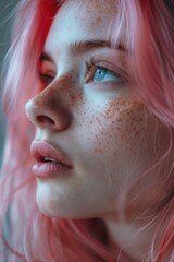 Wall Mural - A woman with blue eyes and pink hair. She has a slight smile on her face