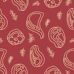 Outline Beef Meat Rosemary Seamless Pattern Vector illustration for Print, Wallpaper, Decoration.