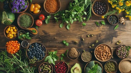 Wall Mural - A table full of various fruits and vegetables, including apples, tomatoes, and blueberries. The table is set with bowls of different sizes, each containing a variety of produce