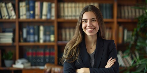 Wall Mural - A woman is smiling and standing in front of a bookshelf. She is wearing a black jacket and a necklace