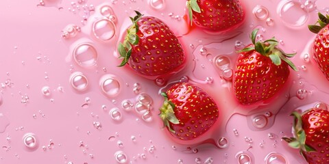 Wall Mural - A close up of a bunch of strawberries with water droplets on them. The strawberries are in a pink background
