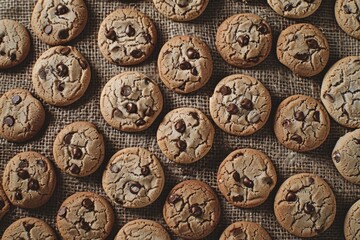 Poster - A bunch of chocolate chip cookies are on a cloth. The cookies are of different sizes and are placed in a row