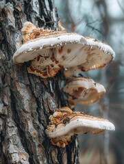 Wall Mural - Three mushrooms growing on a tree branch. The mushrooms are white and brown. The image has a natural and peaceful mood