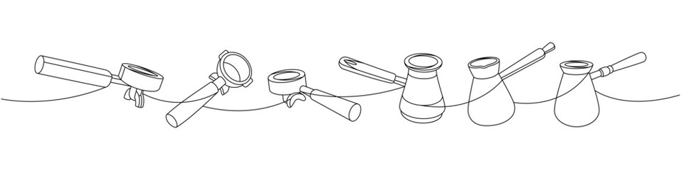 Wall Mural - Coffee shop set one line continuous drawing. Portafilters for coffee machine, Turkish coffee pots continuous one line illustration.