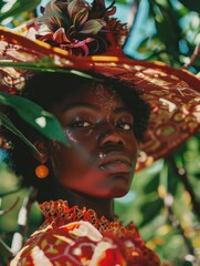 Wall Mural - A woman wearing a red hat and orange earrings is standing in a green forest. The hat has a flower on it and the woman is looking directly at the camera