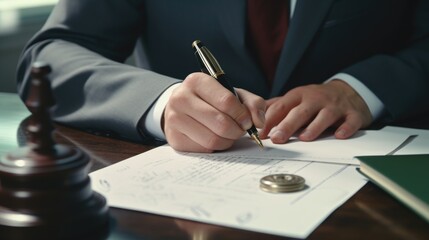 A man is writing on a piece of paper with a pen. He is dressed in a suit and tie