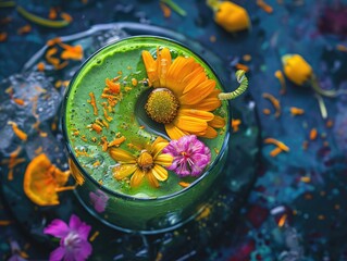 Poster - A glass of green juice with flowers on top. The flowers are orange and yellow