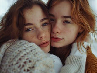 Wall Mural - Two women with red hair are hugging each other. Scene is warm and affectionate