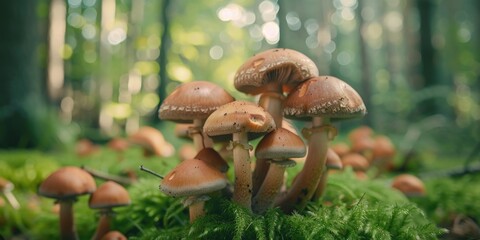 Wall Mural - A group of mushrooms are growing in a forest. The mushrooms are brown and have a fuzzy texture. The scene is peaceful and serene, with the mushrooms blending in with the moss and leaves on the ground