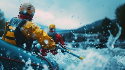 Poster - Two people are rafting down a river, with one person holding a paddle. The water is rough and the two people are wearing life jackets