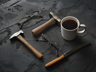 A hammer, a pair of glasses, a knife, and a mug of coffee are arranged on a black surface. Concept of productivity and focus, as the tools