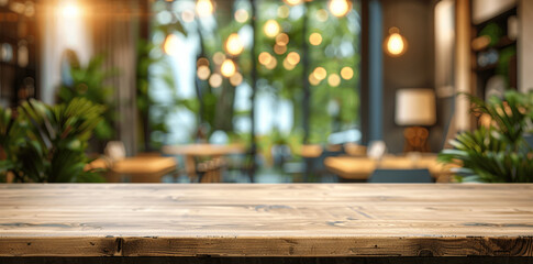 Wall Mural - Modern Dining Hall Wooden Table for Product Display – Blurred Luxury Interior Design