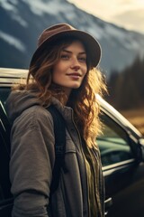 Wall Mural - A woman with long brown hair is standing in front of a car. She is wearing a brown hat and a backpack. The car is parked in a field, and the woman is enjoying the outdoors