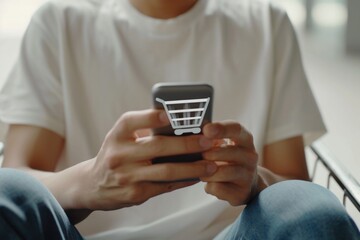 Wall Mural - A man is holding a cell phone with a shopping cart icon on it