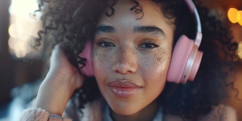Wall Mural - A woman with curly hair is wearing pink headphones and smiling. Concept of happiness and relaxation, as the woman is enjoying her music