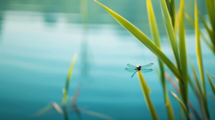 Close-up of a dragonfly perched on a green reed by the tranquil water, showcasing nature's beauty and serenity in a calming outdoor setting.