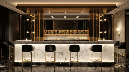 Wall Mural - An upscale bar with a minimalist design, featuring a sleek, white marble bar counter and black bar stools with gold accents. The back wall is a mosaic of mirrors, reflecting the soft lighting.
