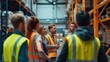 © Summit Art Creations - A team of warehouse workers in safety vests engage in a group discussion in a large modern logistics center. AIG41