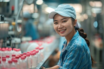 Wall Mural - 32. Portrait of an Asian factory worker labeling cosmetic bottles, high quality photo, photorealistic, cheerful mood, bright lighting