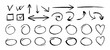 © Mariia - Set of black freehand design element drawn by chalk on white background. Collection of vector grunge arrows and ellipse. Vector horizontal chalk elements for notes