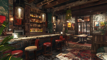 Wall Mural - A contemporary bar with an eclectic design, featuring a mix of vintage and modern elements. 