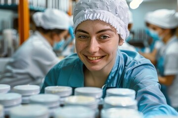 Wall Mural - 35. Portrait of a Western production worker filling cosmetic containers, high detail, photorealistic, cheerful mood, bright environment