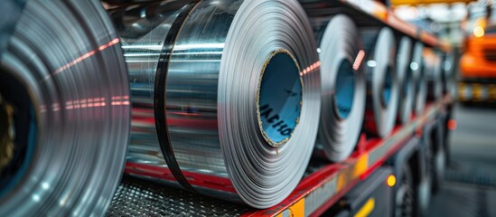 close-up of industrial steel coils on a transport truck in a warehouse, showcasing the shiny metal s