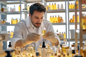 Wall Mural - 45. Portrait of a Western chemist formulating new cosmetic products, high detail, photorealistic, focused expression, bright lighting