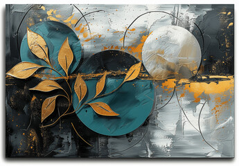 Wall Mural - Modern Abstract Black Gold Teal Art on White Background with Textured Design