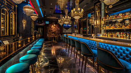 Wall Mural - A luxurious bar setting with plush velvet seating in rich jewel tones. The bar counter is illuminated with soft under-lighting, and gold accents are seen throughout the space.