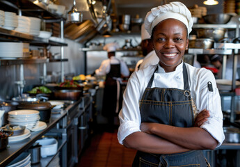 Wall Mural - A portrait of an African American female chef standing in her restaurant kitchen, arms crossed with confidence and smiling at the camera