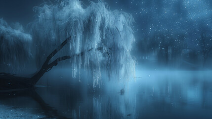 Wall Mural - A mystical willow tree, drooping branches covered in ethereal, glowing moss, situated by a tranquil lake.