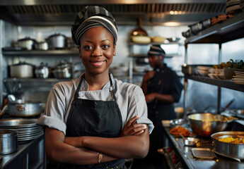 Wall Mural - A portrait of an African American female chef standing in her restaurant kitchen, arms crossed with confidence and smiling at the camera