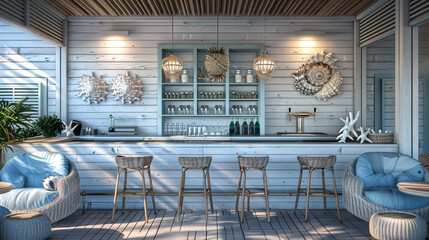 Wall Mural - A modern bar with a coastal theme, featuring light blue and white decor. The bar counter is made of whitewashed wood, and the seating includes wicker bar stools with blue cushions. 