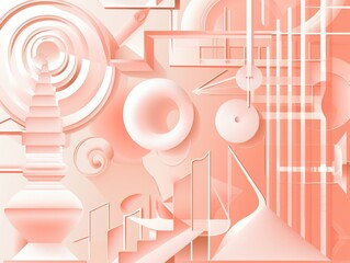 Wall Mural - composition with a variety of geometric shapes, including spiral and circular elements on a gradient background from light coral to white