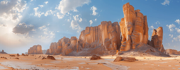 Panoramic view of Al HAfar rock formations in Saudi Arabia, desert landscape, sunny day with sandy foreground, Al Ula typical scenery