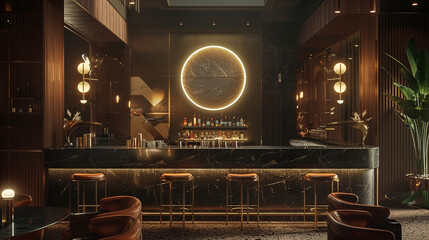 Wall Mural - A modern bar with a luxurious, masculine feel, featuring dark wood and leather elements. The bar counter is made of black granite, and the seating includes leather bar stools with brass accents. 