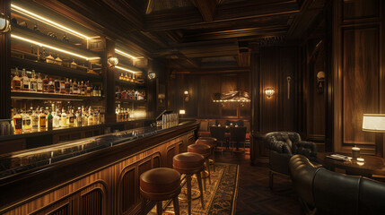 Wall Mural - A modern speakeasy-style bar with dark wood paneling and dim, moody lighting. The bar counter is made of dark marble, and patrons relax in vintage-style leather armchairs. 