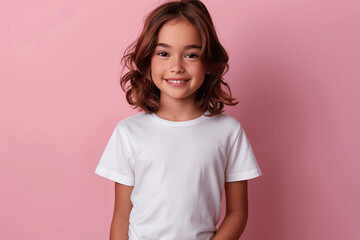 Wall Mural - Cute Little Girl in White Tshirt Mockup on Pink Background, Kid Posing and Smiling, Hands in Pockets, Front View
