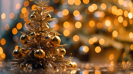 Wall Mural - christmas card background with christmas tree balls against a golden blokeh background