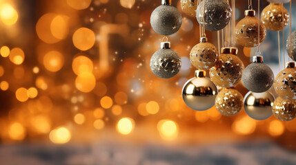 Wall Mural - christmas card background with christmas tree balls against a golden blokeh background
