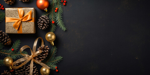 Wall Mural - christmas card background with gifts and christmas decoration on a dark background