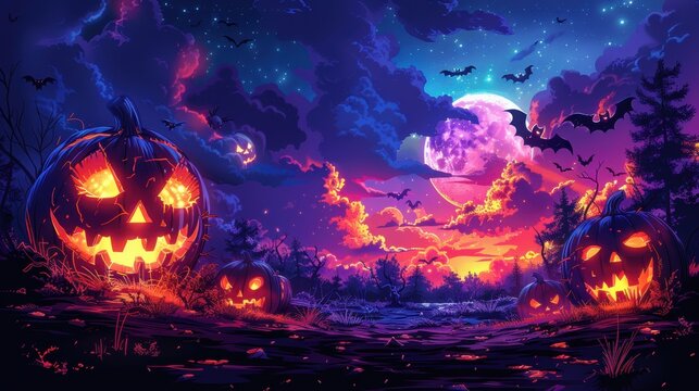 Spooky Halloween night scene with glowing jack-o'-lanterns, bats, and a full moon casting eerie light over a dark landscape.