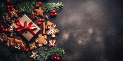 Wall Mural - christmas card background with gifts and christmas decoration on a dark background