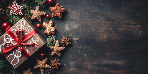 Wall Mural - christmas card background with gifts and christmas decoration on a dark background