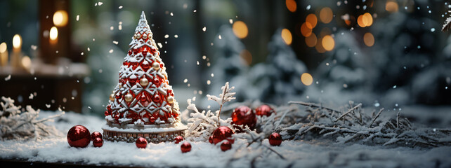 Wall Mural - christmas card background with christmas tree in front off a blokeh background